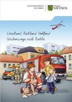 Titelseite des Kinderheftes: Eine Sanitäterin kniet mit ihrem Rettungshund vor zwei Kindern und erklärt etwas, im Hintergrund stehen eine Feuerwehr und ein Krankenwagen.